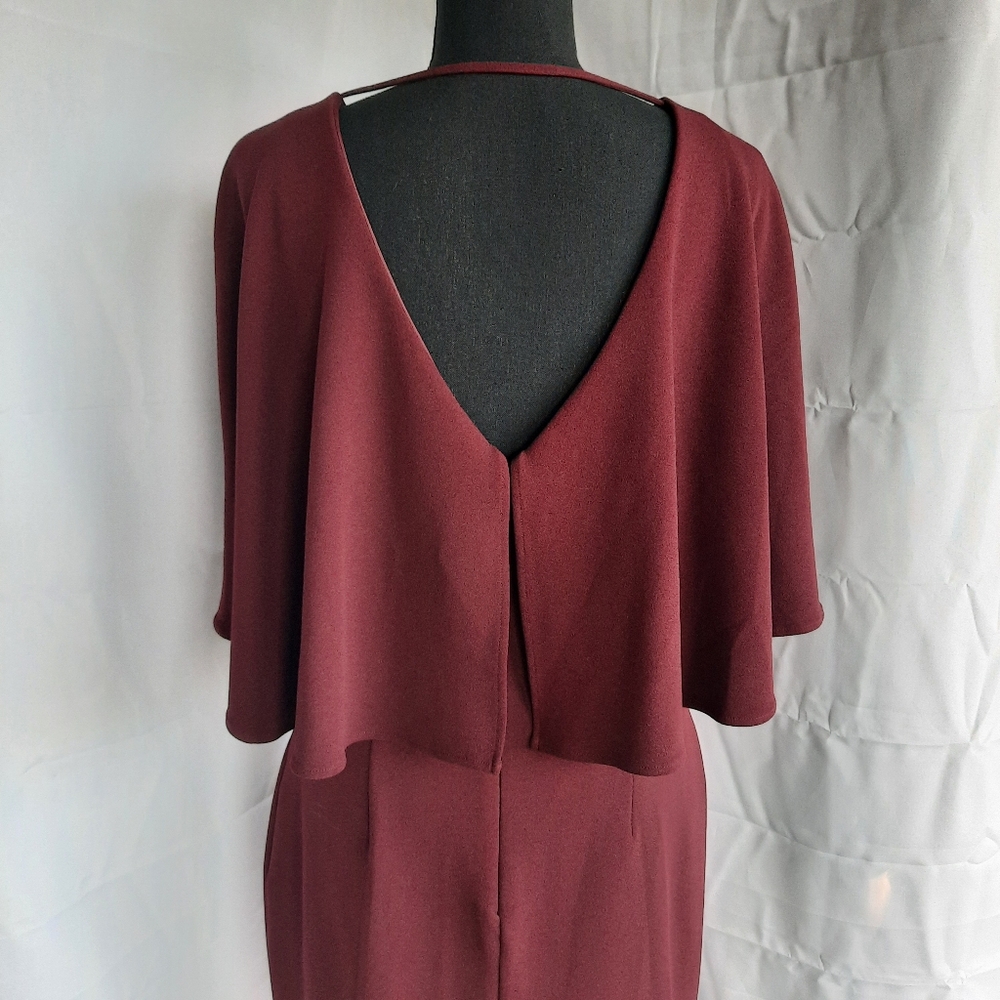Belle Badgley Mischka Dress Size 4 Deep V Neck Burgundy Red Wine Cape Mini - Picture 7 of 16